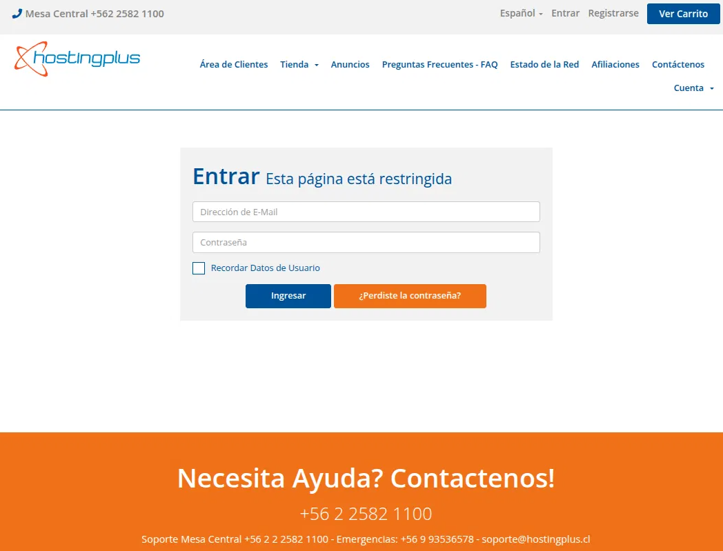 Pantalla de acceso al área de clientes de HostingPlus