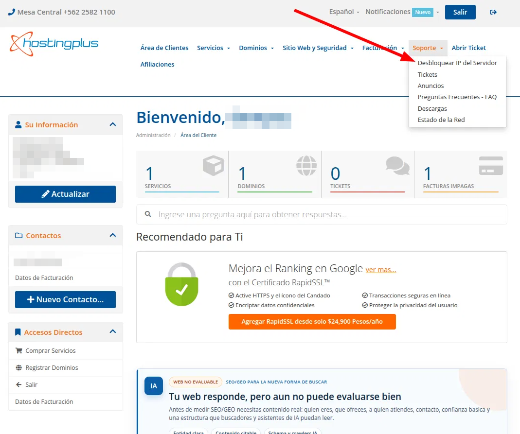 Menú Soporte con la opción Desbloquear IP del Servidor