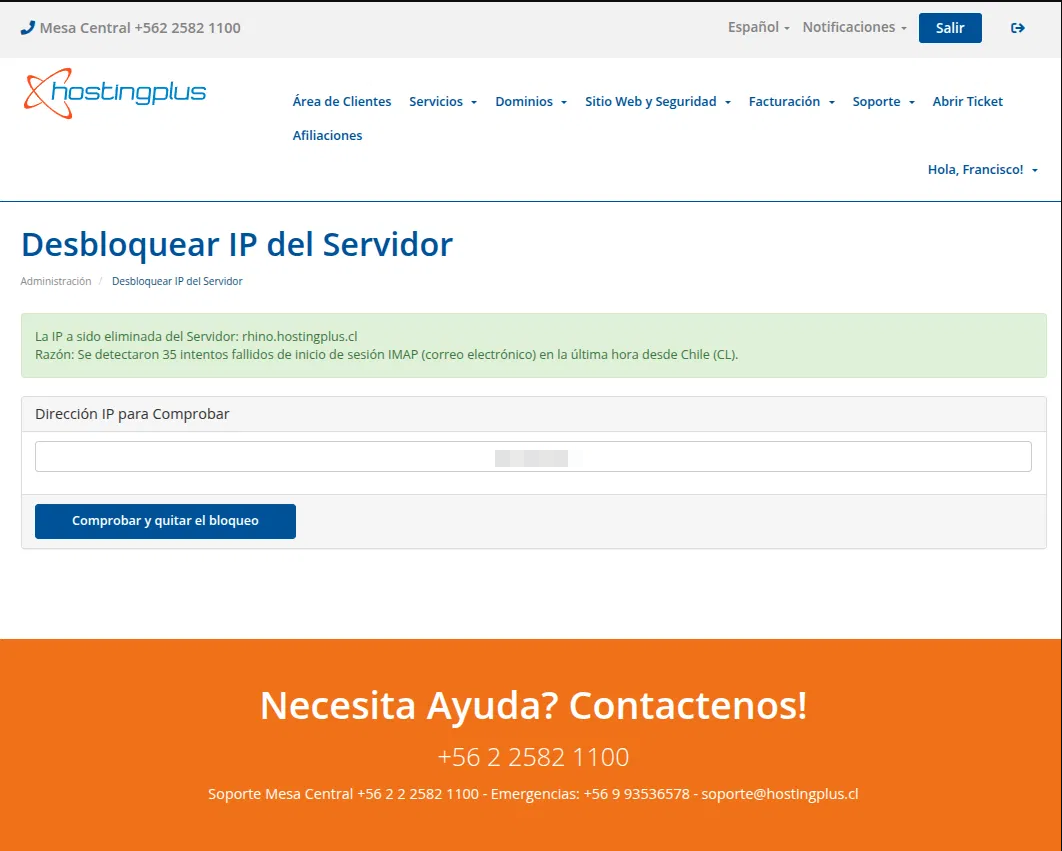 Confirmación del desbloqueo con el servidor y el motivo del bloqueo