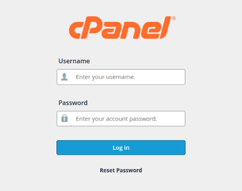Pantalla de inicio de sesión de cPanel con los campos Username y Password y el botón Log in
