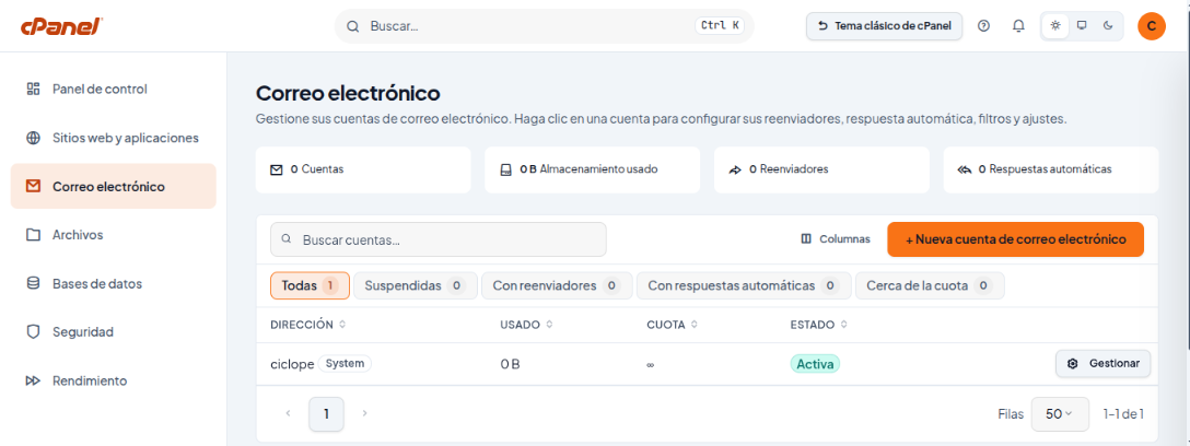 Sección Correo electrónico con el listado de cuentas y el botón Nueva cuenta de correo electrónico