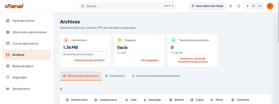 Sección Archivos con uso del disco, papelera, cuentas de transferencia y el administrador de archivos
