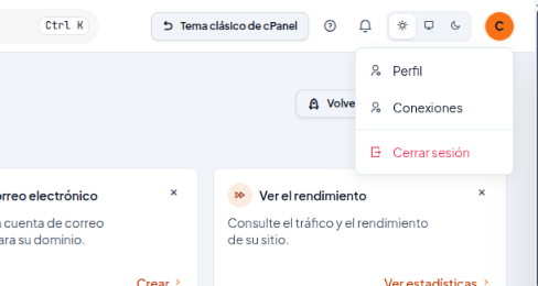 Menú de la cuenta abierto con las opciones Perfil, Conexiones y Cerrar sesión