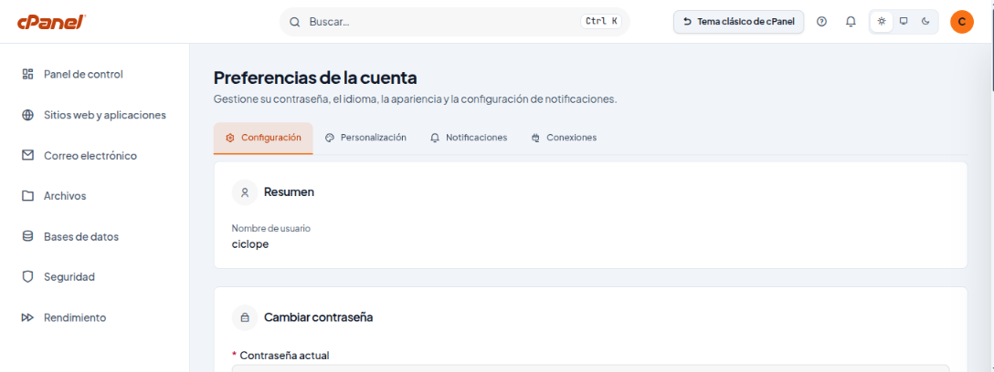 Página Preferencias de la cuenta con las pestañas Configuración, Personalización, Notificaciones y Conexiones
