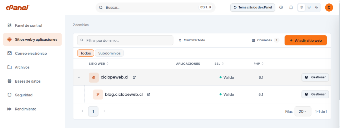 Lista de sitios web con ciclopeweb.cl y el subdominio blog.ciclopeweb.cl, ambos con SSL válido
