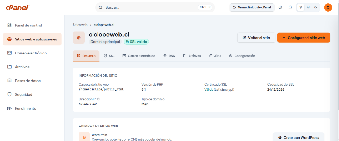 Página de gestión del sitio ciclopeweb.cl con las pestañas Resumen, SSL, Correo electrónico, DNS, Archivos, Alias y Configuración