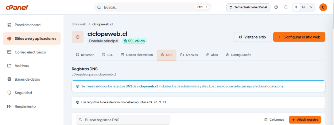 Pestaña DNS del sitio ciclopeweb.cl con el aviso de la zona y el botón Añadir registro