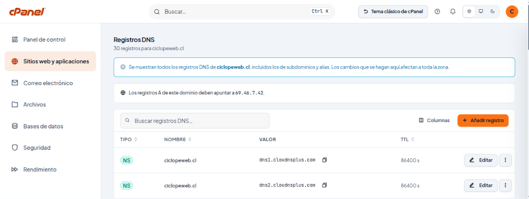 Tabla de registros DNS con las columnas Tipo, Nombre, Valor y TTL y los botones Editar