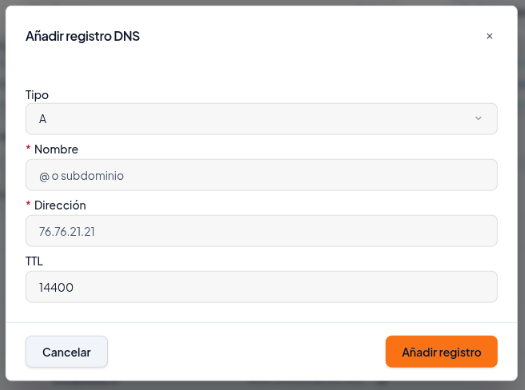 Ventana Añadir registro DNS con los campos Tipo, Nombre, Dirección y TTL