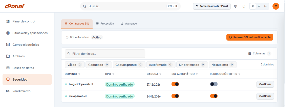 Pestaña Certificados SSL con la lista de dominios, tipo Dominio verificado, fecha de caducidad y los interruptores SSL automático y Redirección HTTPS