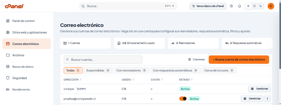 Sección Correo electrónico con la lista de cuentas y el botón Nueva cuenta de correo electrónico