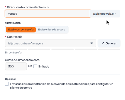 Formulario Crear cuenta de correo electrónico con la dirección ventas@ciclopeweb.cl, la contraseña, la cuota de 500 MB y la opción de correo de bienvenida