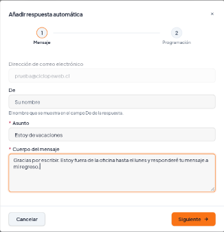 Paso Mensaje de la respuesta automática con el asunto Estoy de vacaciones y el texto del mensaje