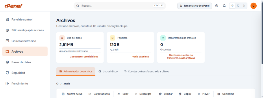 Sección Archivos con la tarjeta Papelera de 120 B y el enlace Ver la papelera