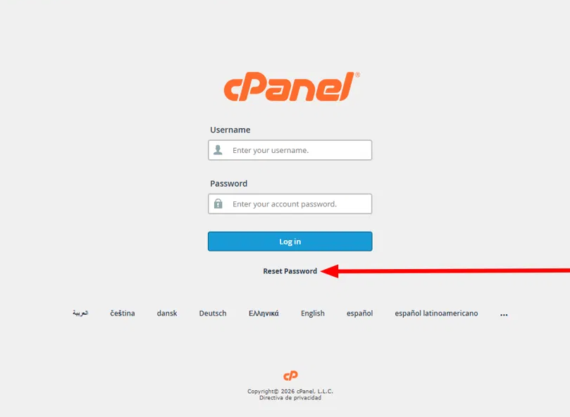 Enlace Reset Password en la pantalla de acceso a cPanel