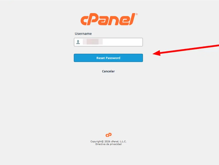 Formulario que solicita el nombre de usuario de cPanel