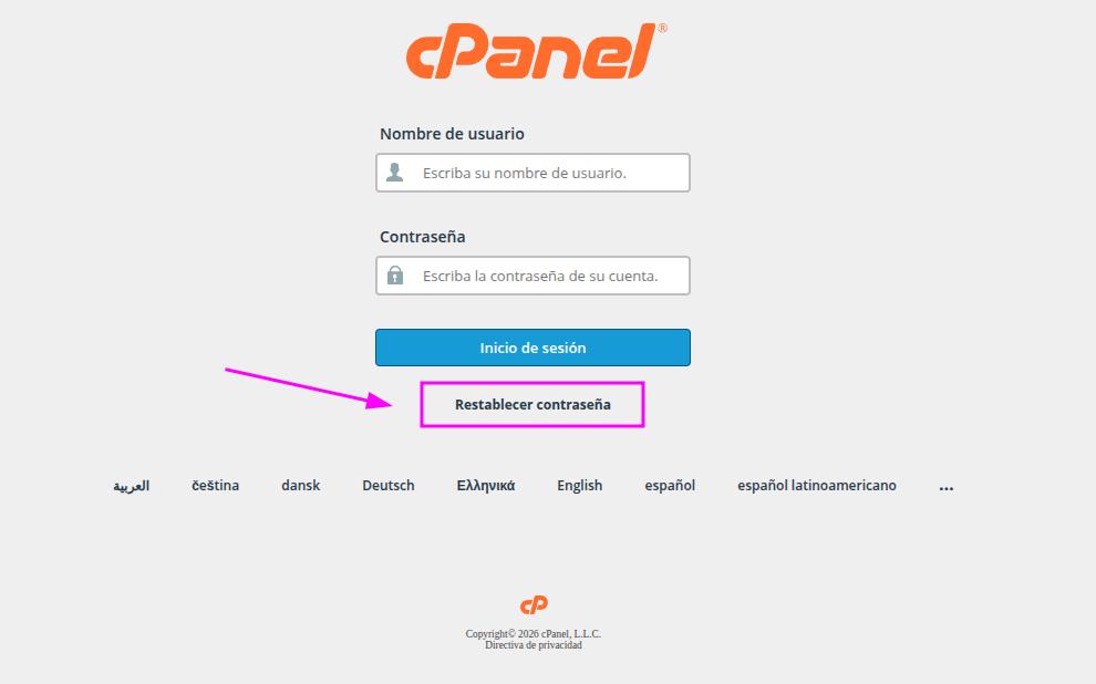 Pantalla de inicio de sesión de cPanel con los campos Nombre de usuario y Contraseña