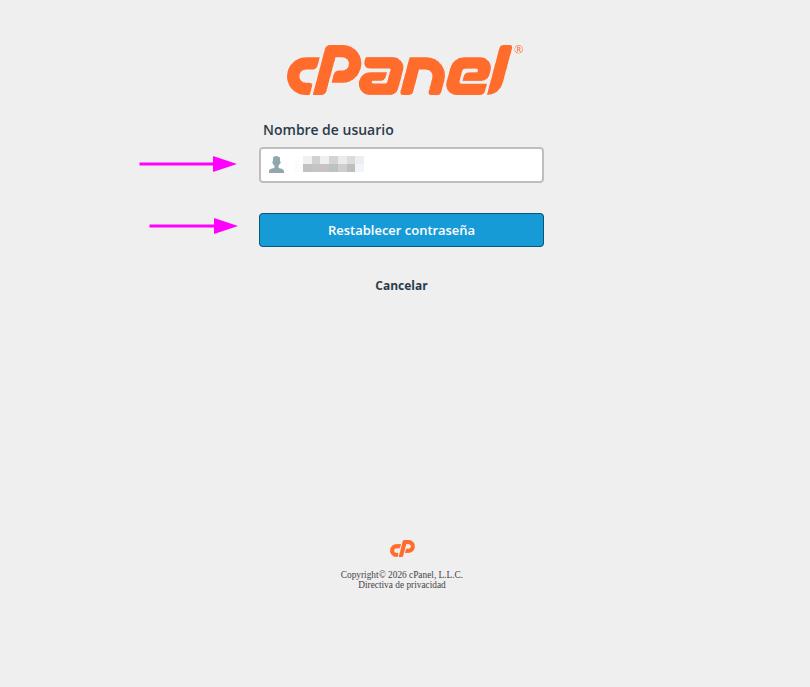 Formulario de recuperación de cPanel solicitando el nombre de usuario