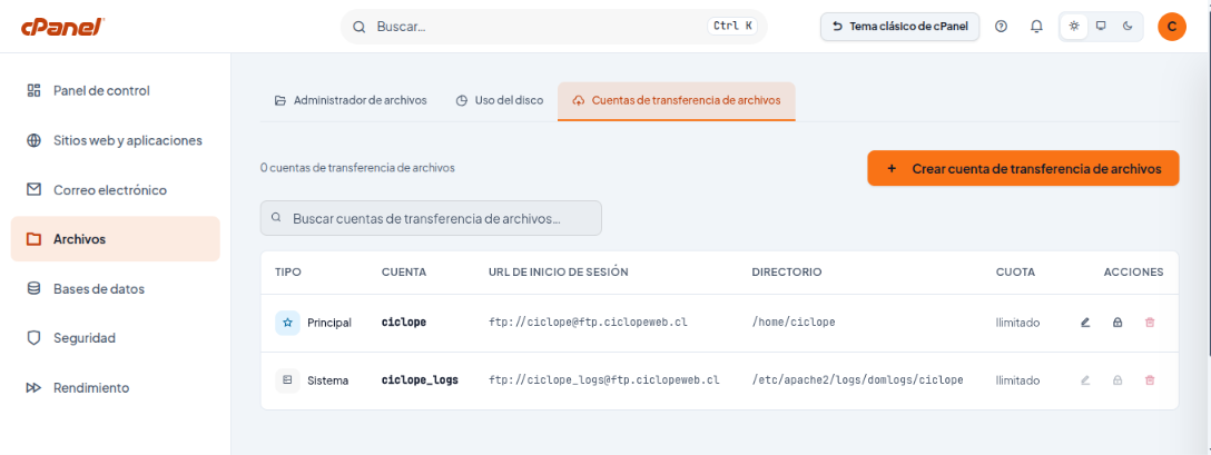 Pestaña Cuentas de transferencia de archivos con la cuenta principal y el botón Crear cuenta de transferencia de archivos