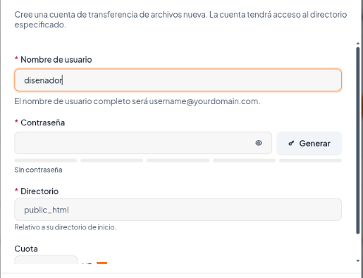 Formulario para crear la cuenta FTP con nombre de usuario, contraseña, directorio y cuota