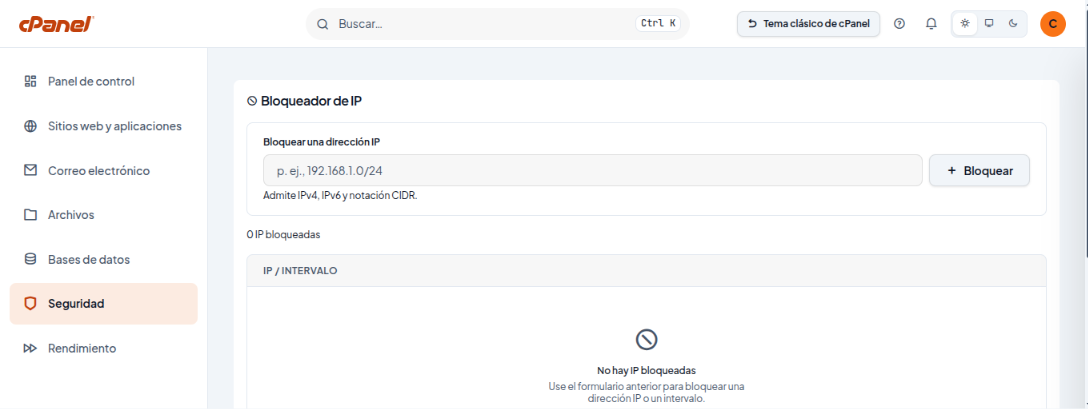 Bloqueador de IP con el campo para escribir la dirección, el botón Bloquear y la lista de IP bloqueadas vacía